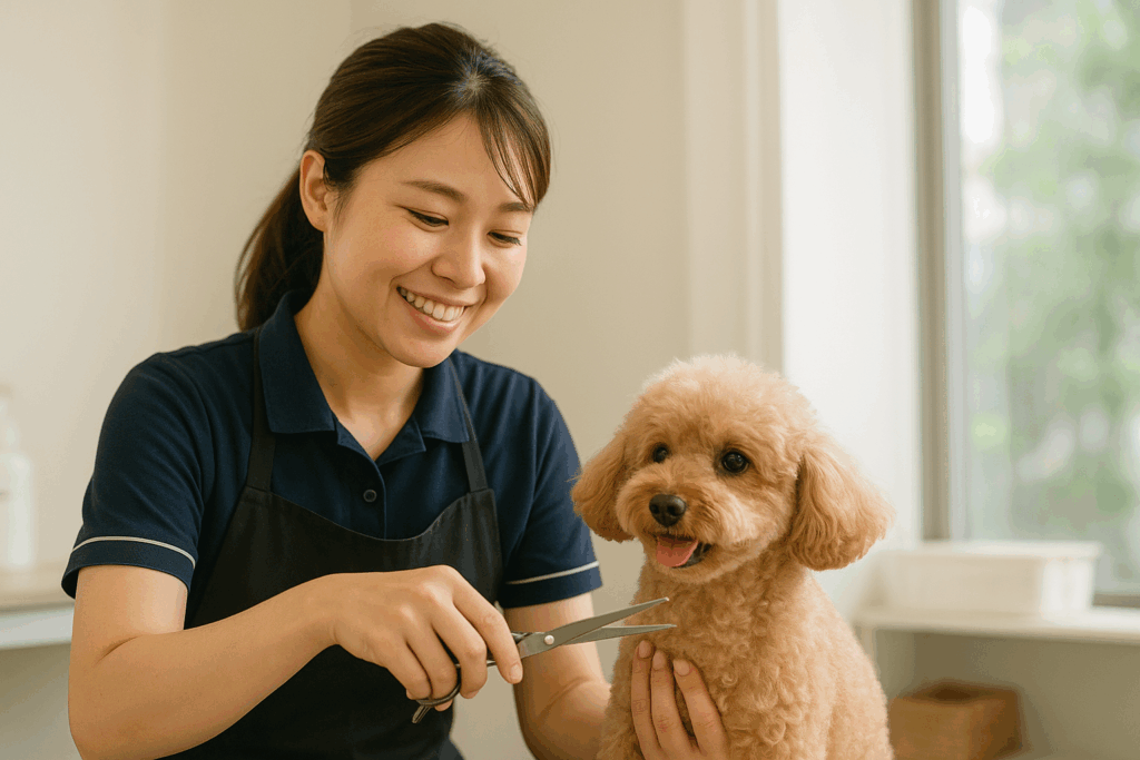 トリミングしているけど疲れが見えるトリマーの画像